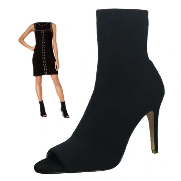 Sale❄️INC textured open peep high heel sock ankle Booties black sandals size 7.5 - Picture 4 of 11